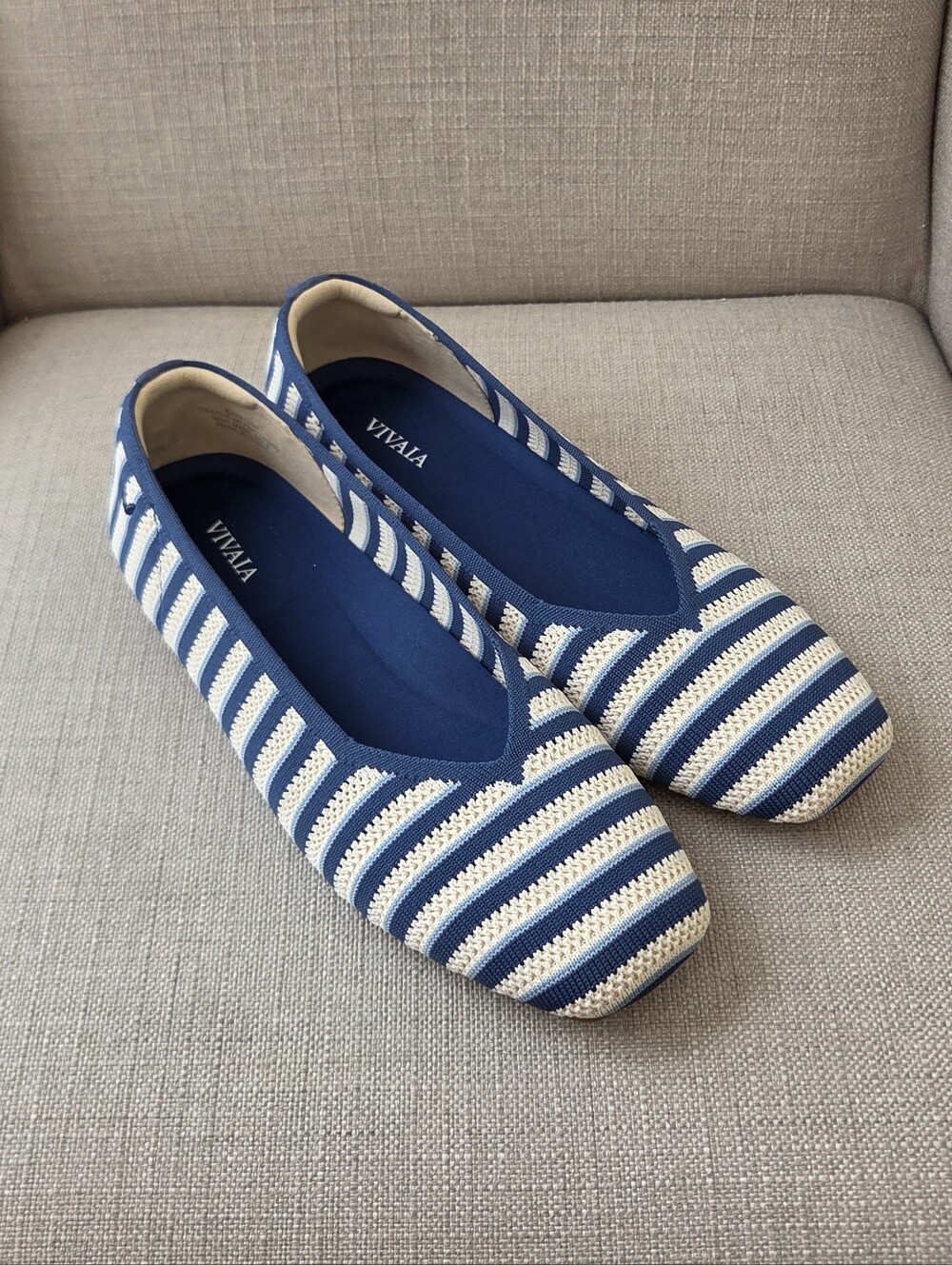 Vivaia Margot 2.0 Square Toe V Cut Blue and Cream Striped Knit Ballet Flats